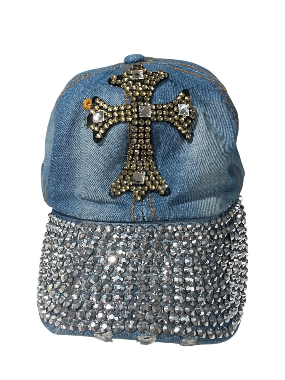 Indigo Soul distressed studded denim baseball cap embellished rhinestone cross